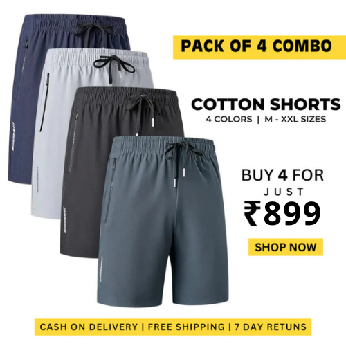 Combo of 4 Men's Stretchable Cotton Shorts for summers ☀️(₹224/piece)